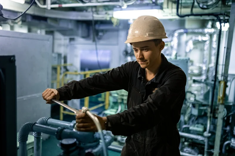 A person in a hard hat and dark overalls uses a wrench on pipes in an industrial engine room.