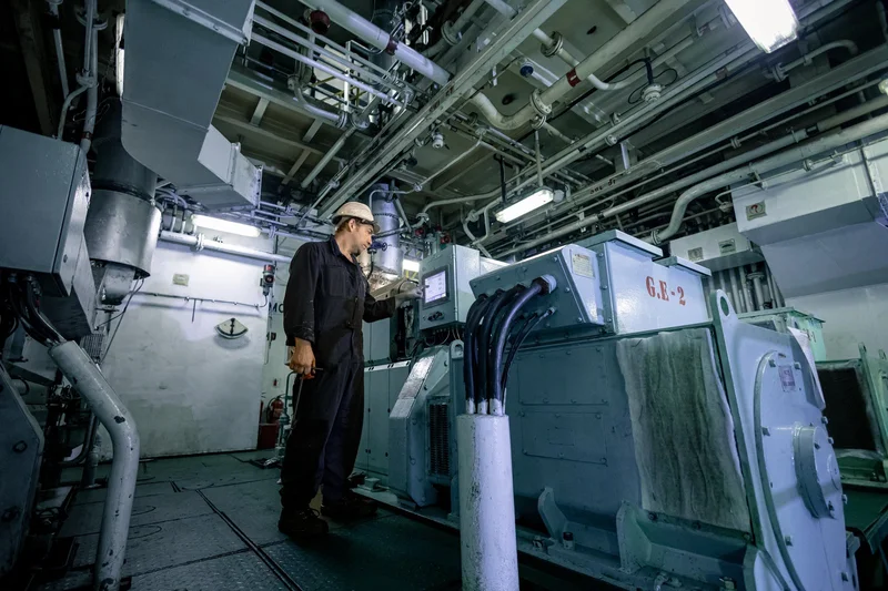 A man in a hard hat and dark overalls inspects a control panel on large machinery in an industrial engine room with many pipe