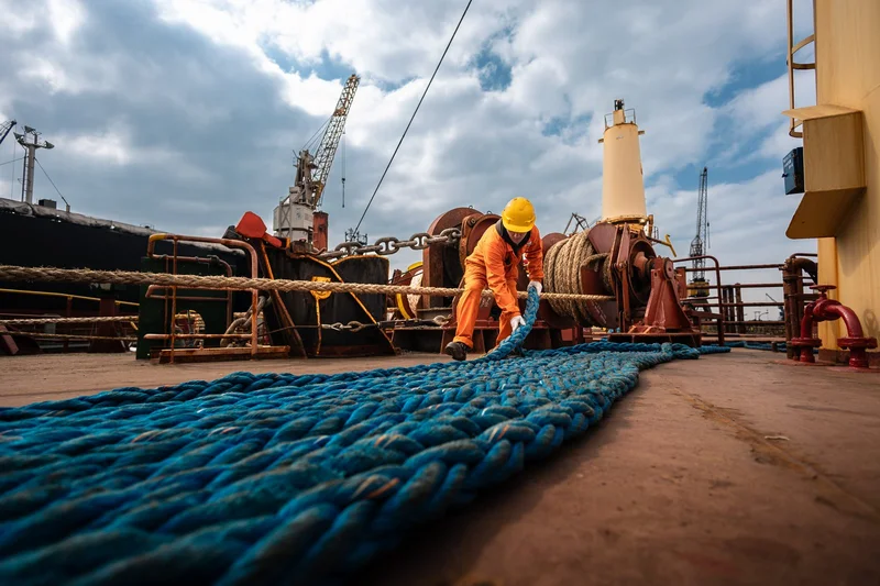A crew member in orange coveralls and a hard hat manages a thick blue rope on a ship's deck with winches nearby.