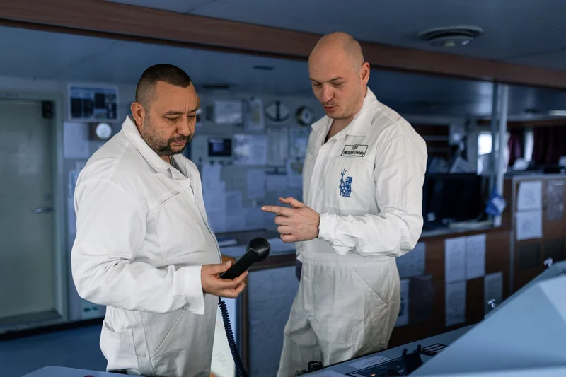 Two crew members in white coveralls discuss operations on a ship's bridge, one holding a microphone device.