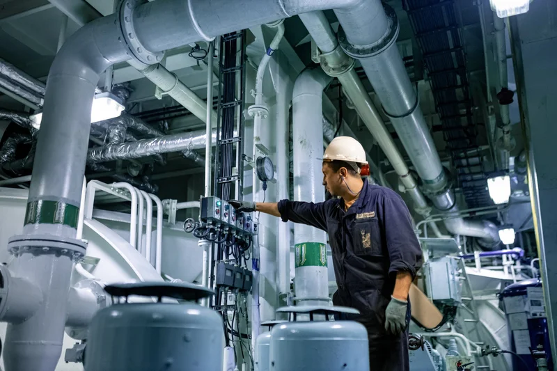 A maritime engineer in a hard hat and work overalls operates a control panel amidst a complex network of pipes and industrial