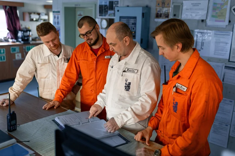 Four maritime crew members including a master and officers in coveralls review documents in a binder on a ship's bridge.