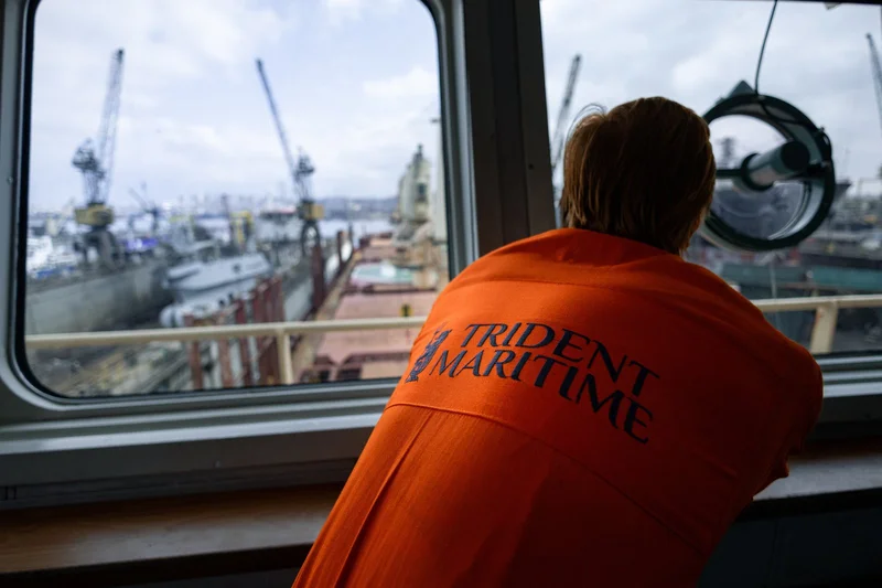A person in an orange work jacket observes a shipyard with cranes, various vessels, and a dry dock through a window.