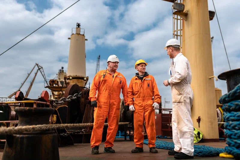Three male crew members in hard hats and overalls are talking on a vessel deck, with a large mast and port cranes visible in