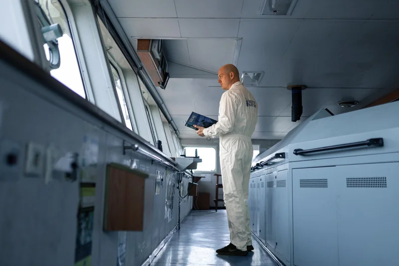 A bald man in a white jumpsuit reads a book titled 'SOLAS' on a vessel's bridge, featuring angled windows and control console