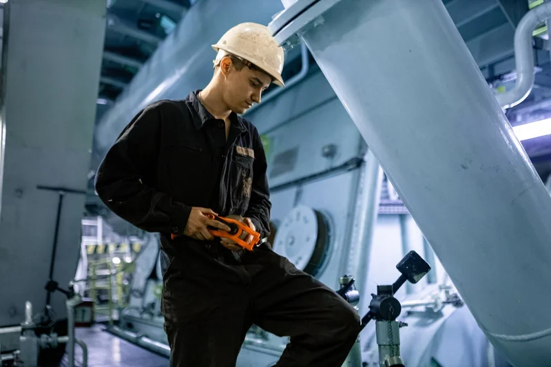 A male crew member in a white hard hat and dark coveralls holds an orange hand tool near large machinery in an engine room.