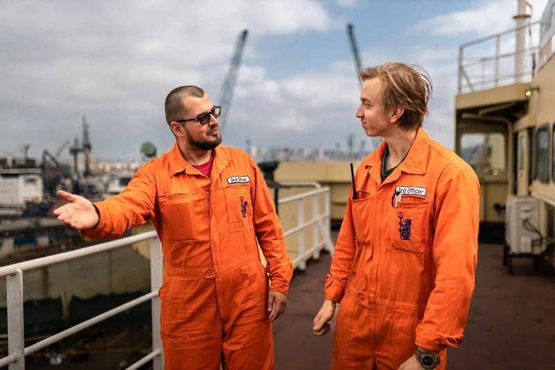 Two male maritime officers, a 2nd Officer and a 3rd Officer, in orange coveralls talking on a ship's deck, with port cranes i