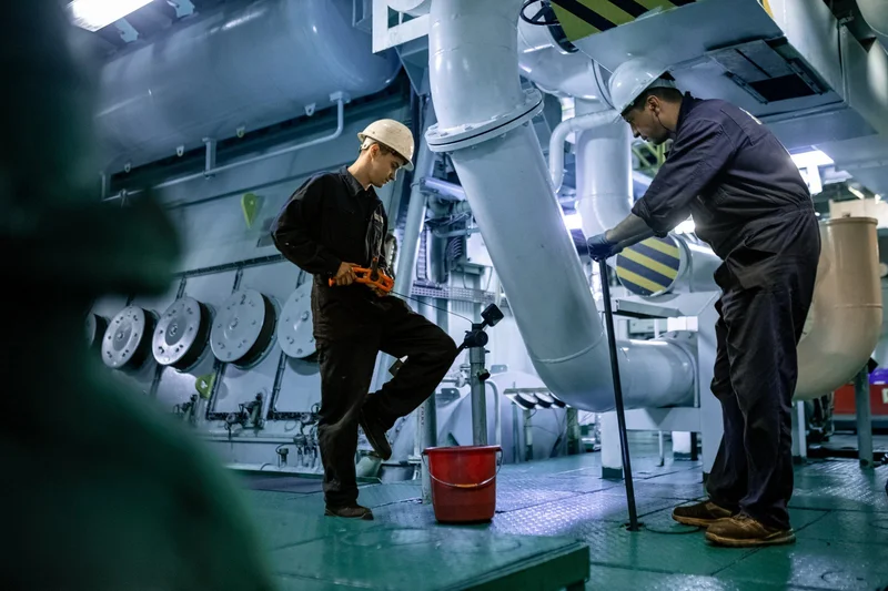 Two crew members in hard hats and overalls perform maintenance on large machinery in a ship's engine room.