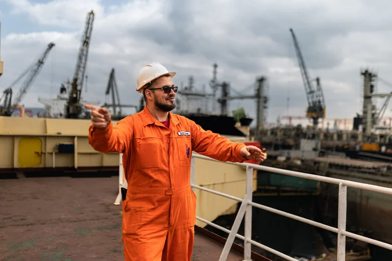 A man in an orange jumpsuit and hard hat points from a vessel deck, with port cranes and ships visible in the background.